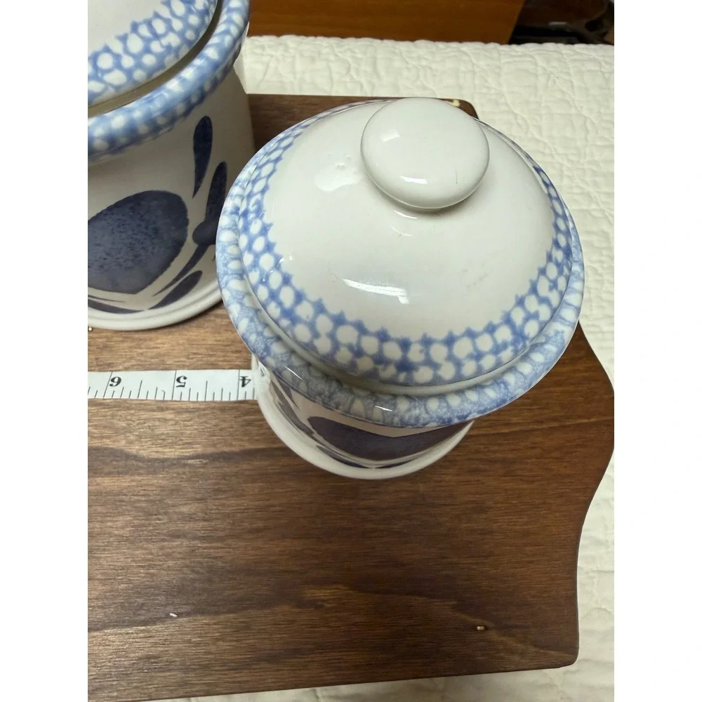 Vintage 1996 ABC Distributing Blue Heart Ceramic Canister Set 3 Piece Farmhouse